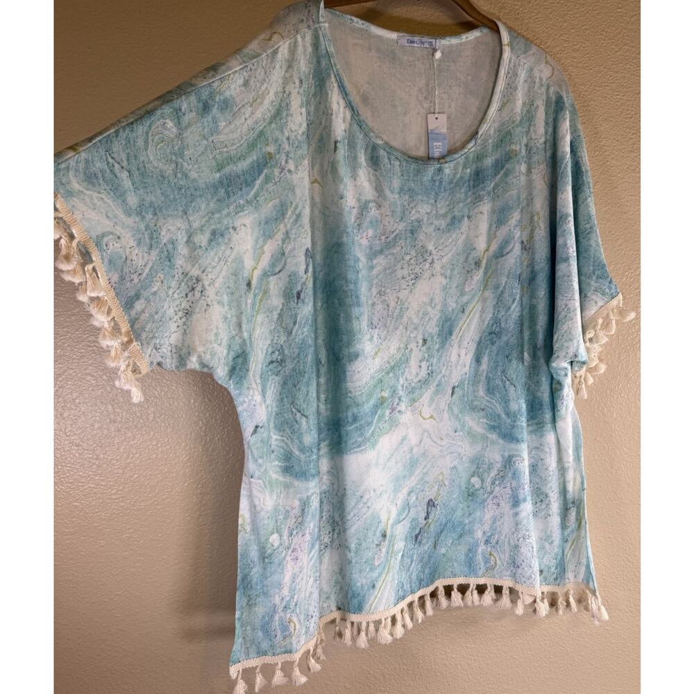 NWT Elsie & Zoey One Size Coverup Tee with Fringe Marbled Print